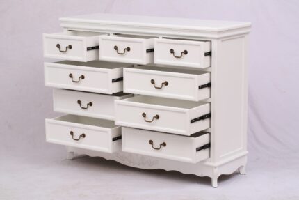 Cómoda blanca estilo rococó de 9 cajones con rieles telescópicos y acabado lacado