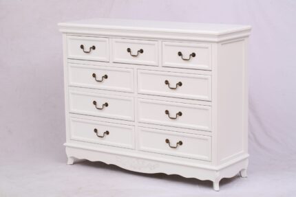 Cómoda blanca estilo rococó de 9 cajones con rieles telescópicos y acabado lacado